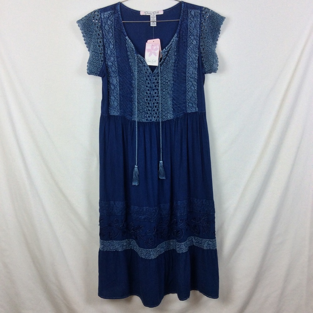 PRETTY PINK EMBELLISHED INDIGO DRESS. SIZE S